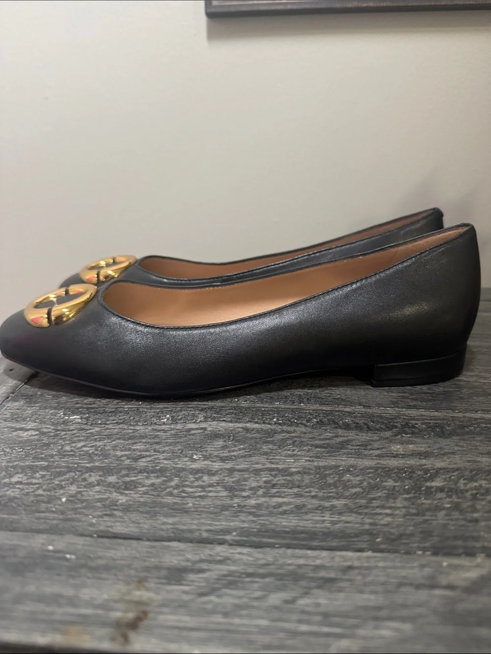 Cole Haan Black Leather Ballet Flats with Gold Circle Hardware - Picture 2 of 6